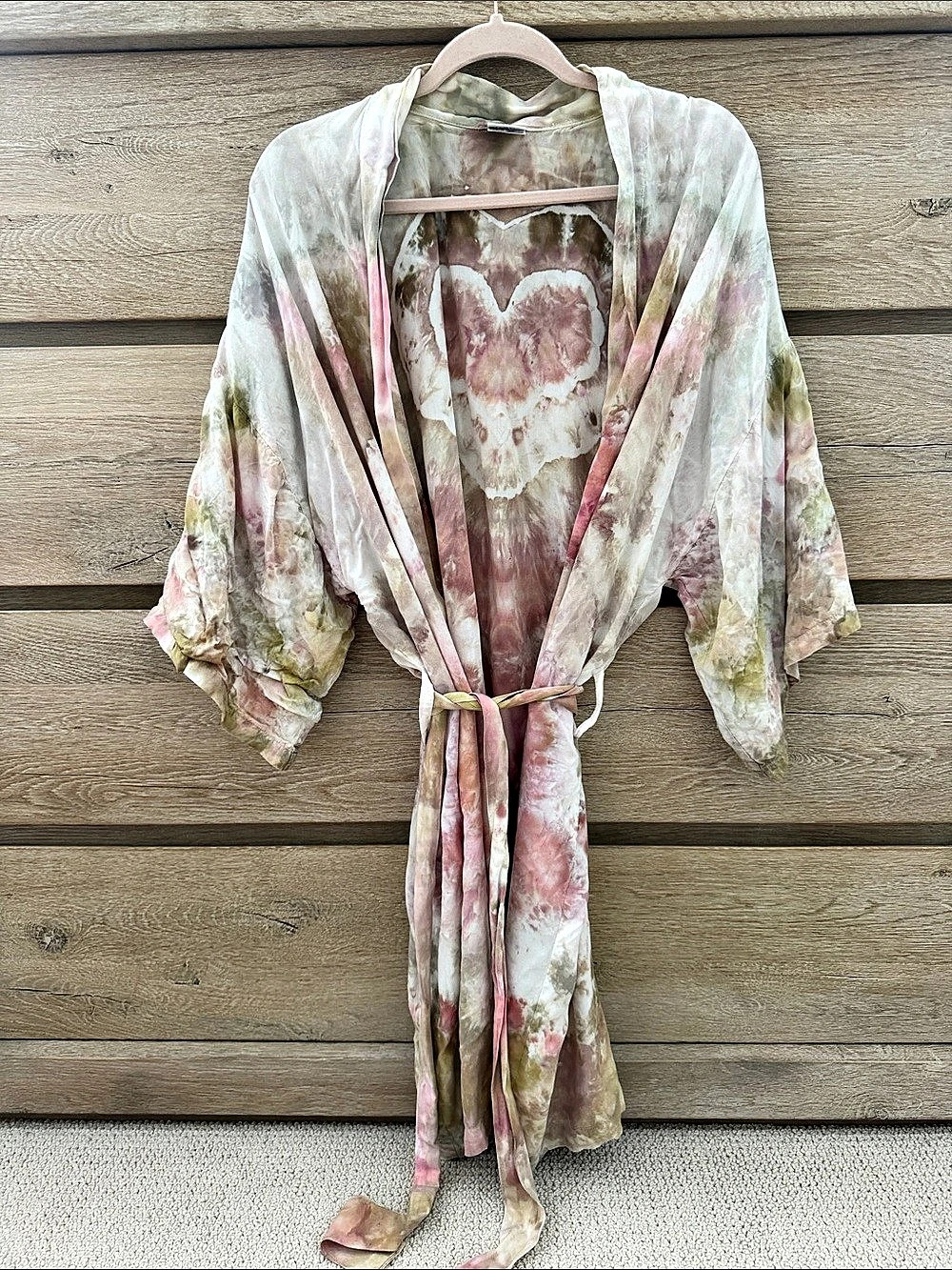 Hand Dyed Tie-Dye Kimono Robe in Pink & Green Like New Rayon with darling heart!